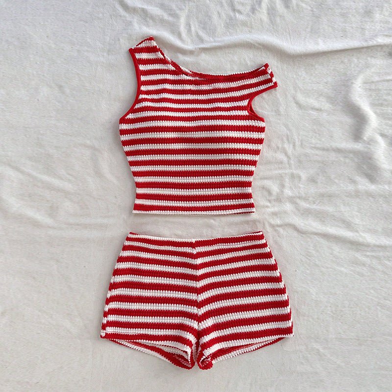 Summer new vacation style striped small vest hip short suit women (FD)