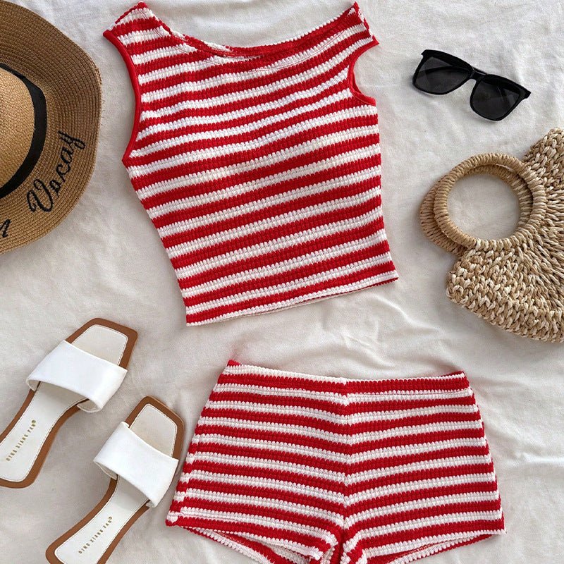 Summer new vacation style striped small vest hip short suit women (FD) - Image 6