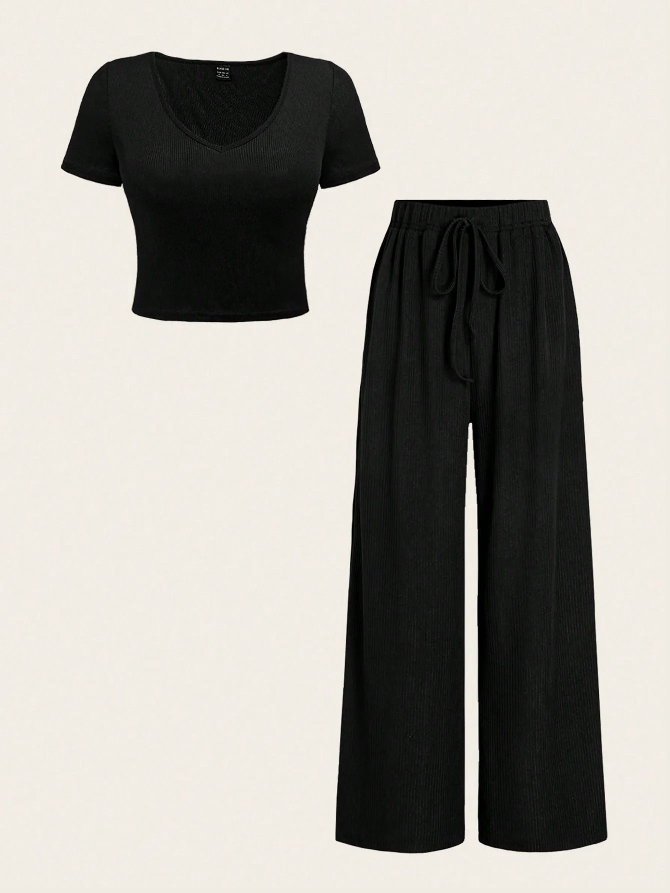 Summer Plain V-Neck T-Shirt And Wide-Leg Pants Two-Piece Set - Image 2