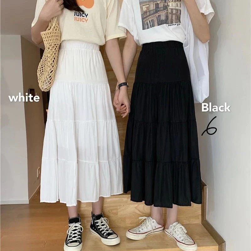 Summer splicing cotton and linen skirt literary fresh long skirt high waist all-match A-line big swing skirt casual skirt