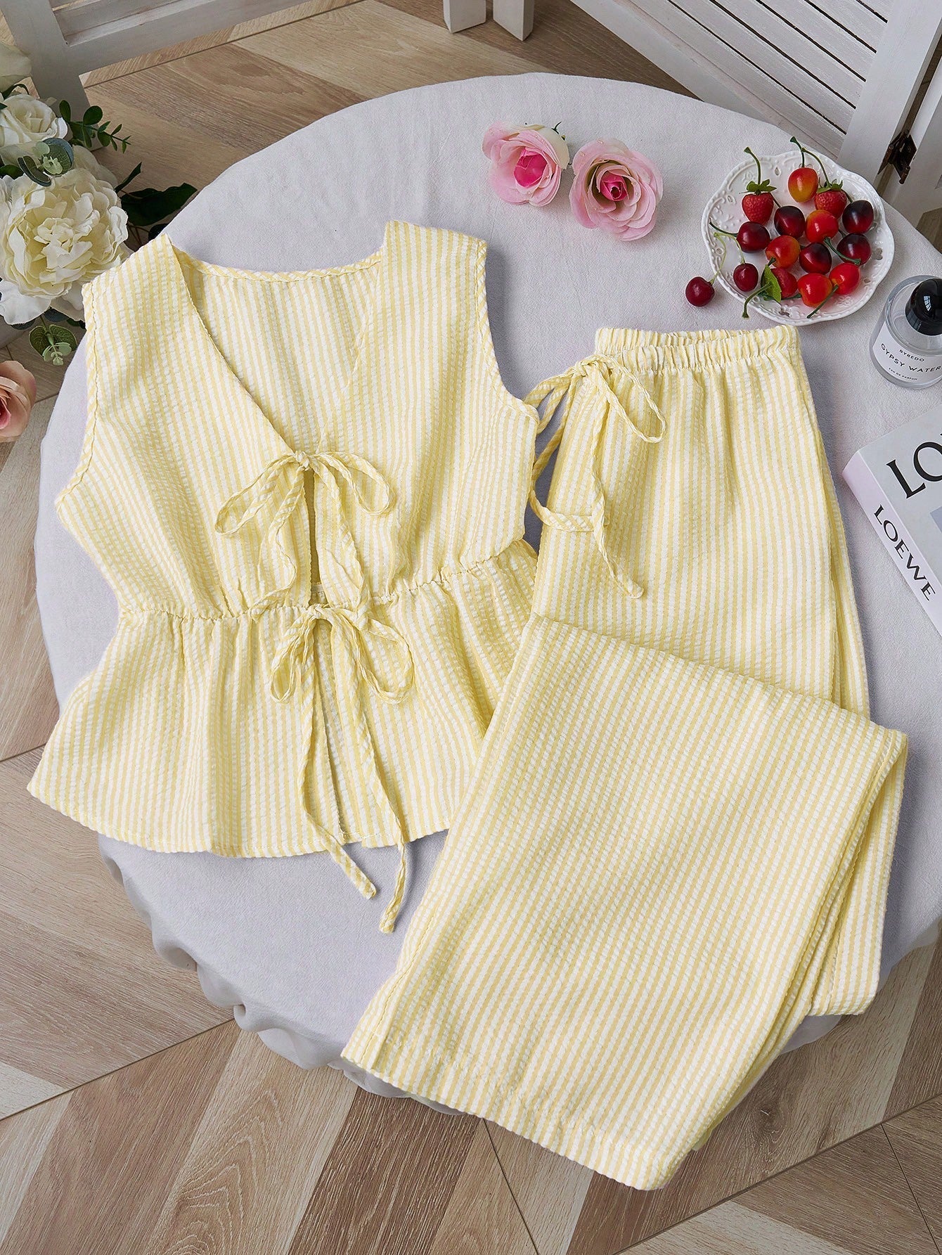 Summer Stripe Set | V-Neck Crop Top + Lace-Up Wide Pants - Image 11