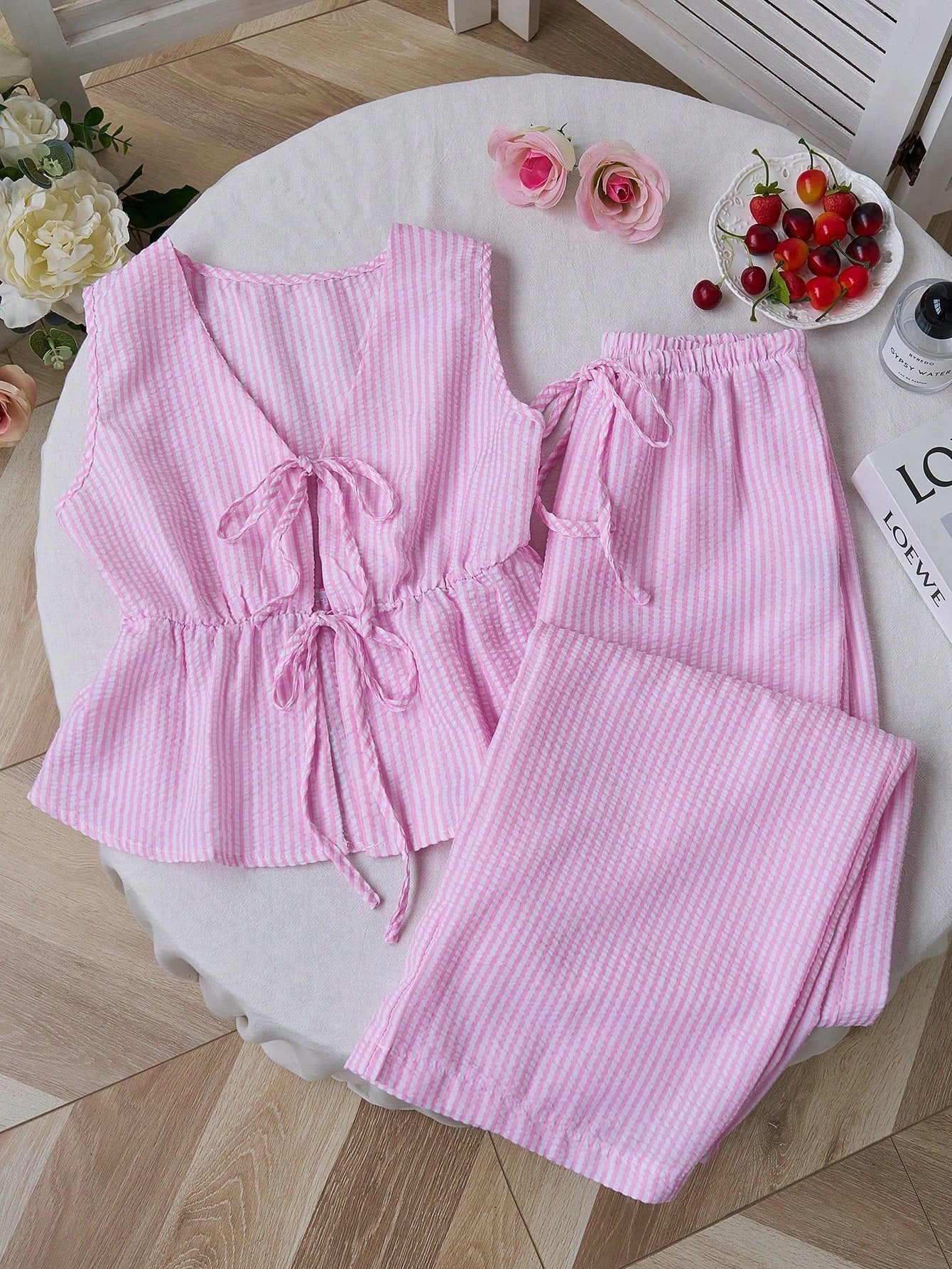 Summer Stripe Set | V-Neck Crop Top + Lace-Up Wide Pants - Image 3