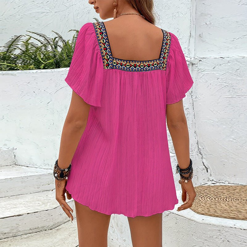 summer vacation lace embroidery square collar shirt pullover lotus leaf short sleeve backless shirt women's clothing - Image 3