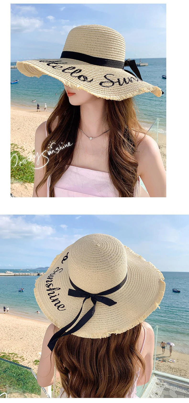 Summer wide brim embroidered sun protection straw hat for women fashion simple letter bow ribbon sun hat sweet sun hat - Image 12