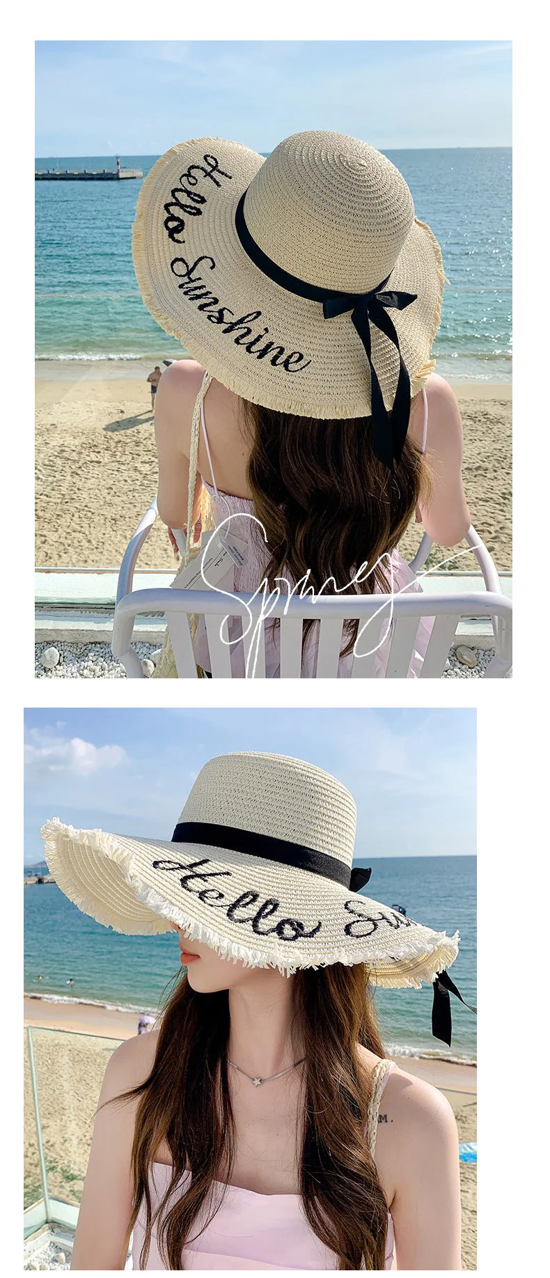 Summer wide brim embroidered sun protection straw hat for women fashion simple letter bow ribbon sun hat sweet sun hat - Image 13