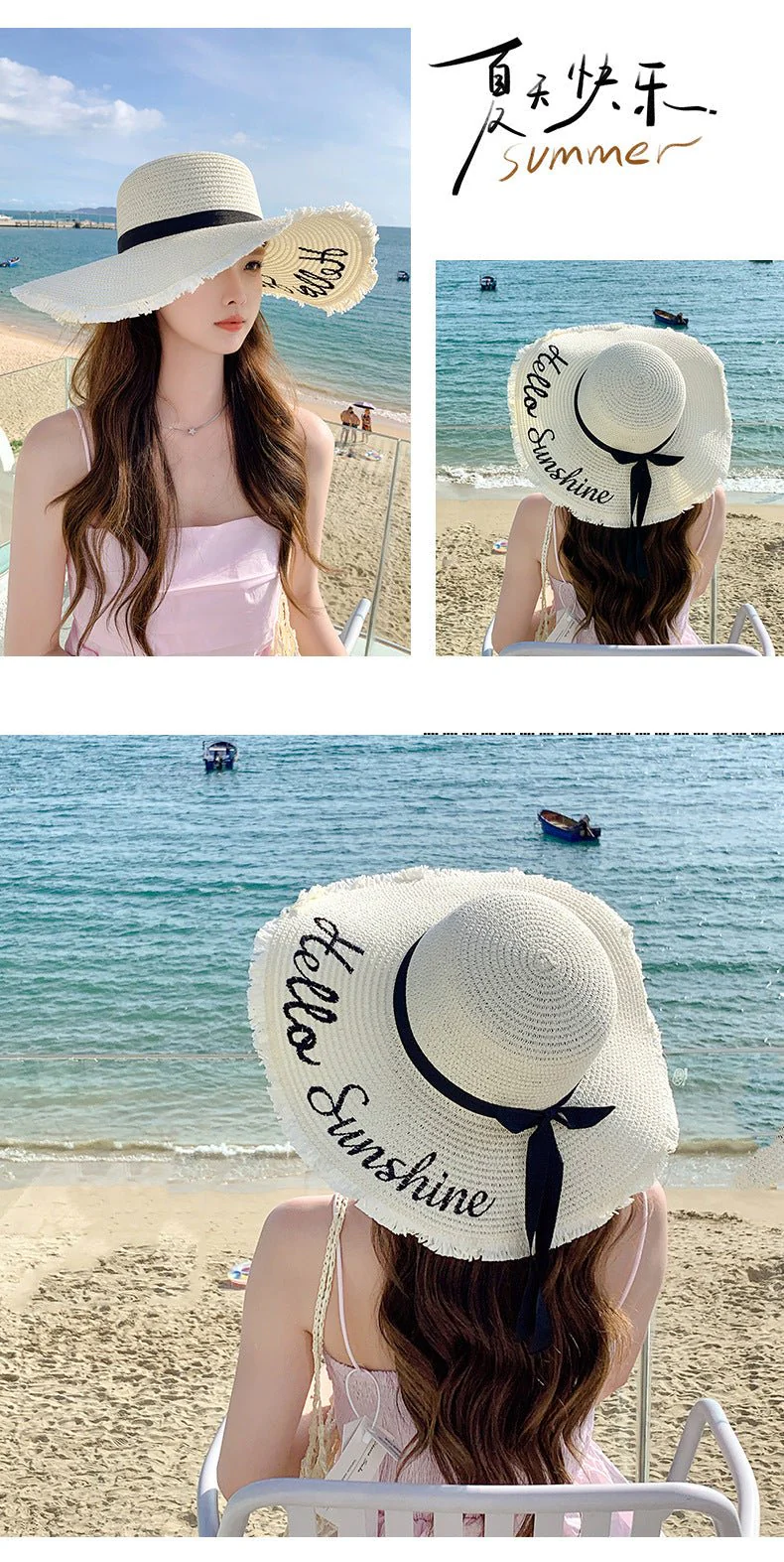 Summer wide brim embroidered sun protection straw hat for women fashion simple letter bow ribbon sun hat sweet sun hat - Image 14