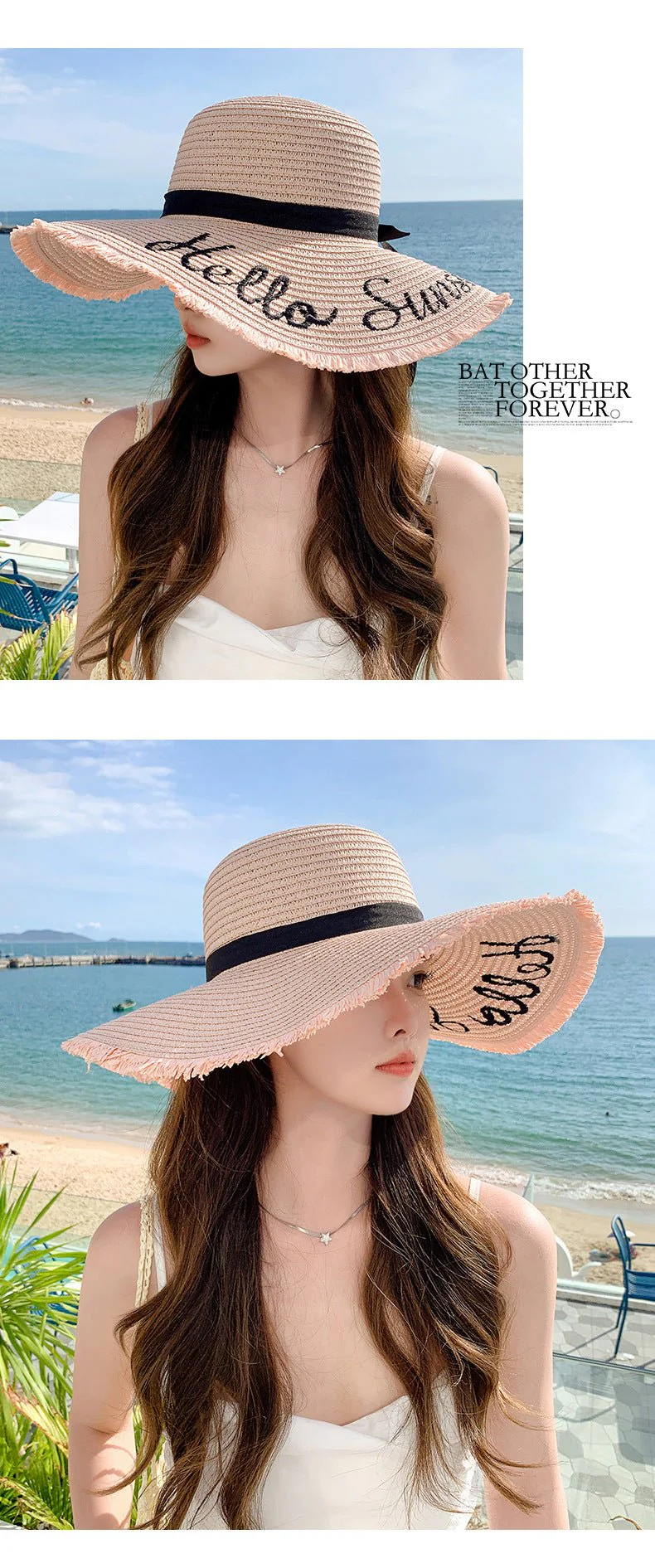 Summer wide brim embroidered sun protection straw hat for women fashion simple letter bow ribbon sun hat sweet sun hat - Image 15