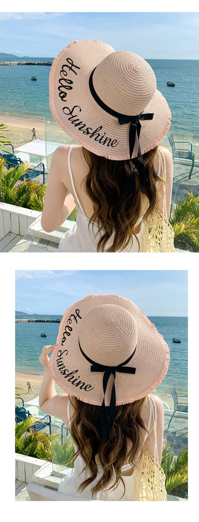 Summer wide brim embroidered sun protection straw hat for women fashion simple letter bow ribbon sun hat sweet sun hat - Image 16