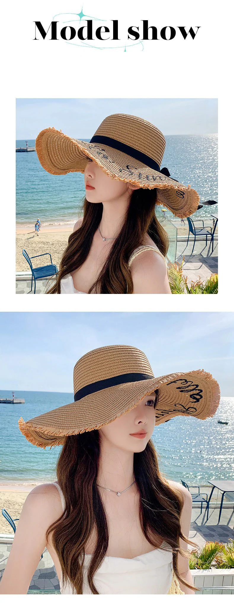 Summer wide brim embroidered sun protection straw hat for women fashion simple letter bow ribbon sun hat sweet sun hat  FD - Image 10