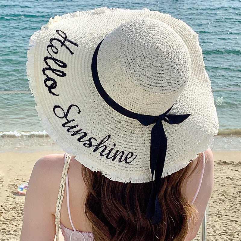 Summer wide brim embroidered sun protection straw hat for women fashion simple letter bow ribbon sun hat sweet sun hat  FD - Image 4