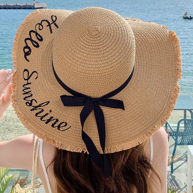 Summer wide brim embroidered sun protection straw hat for women fashion simple letter bow ribbon sun hat sweet sun hat  FD - Image 5
