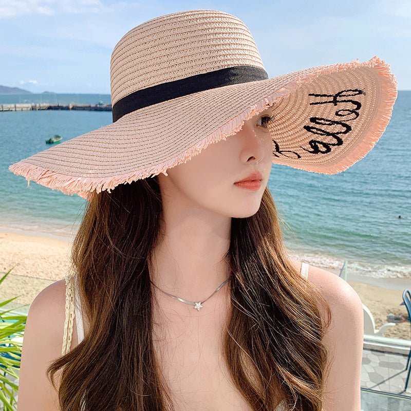 Summer wide brim embroidered sun protection straw hat for women fashion simple letter bow ribbon sun hat sweet sun hat  FD - Image 6