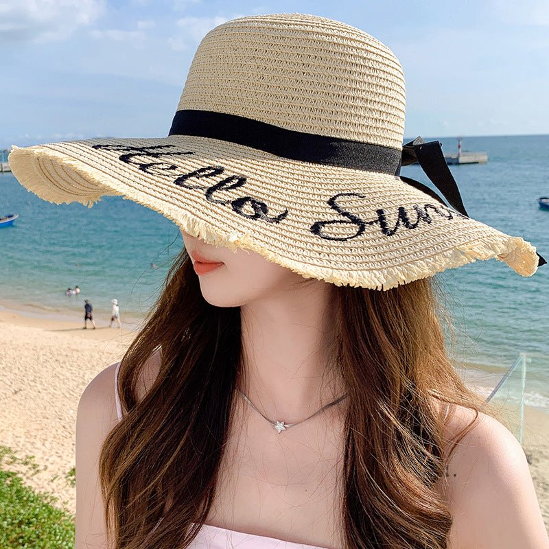 Summer wide brim embroidered sun protection straw hat for women fashion simple letter bow ribbon sun hat sweet sun hat  FD - Image 7