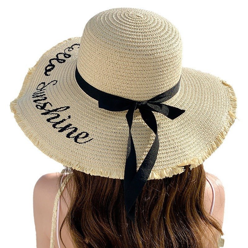 Summer wide brim embroidered sun protection straw hat for women fashion simple letter bow ribbon sun hat sweet sun hat  FD - Image 8