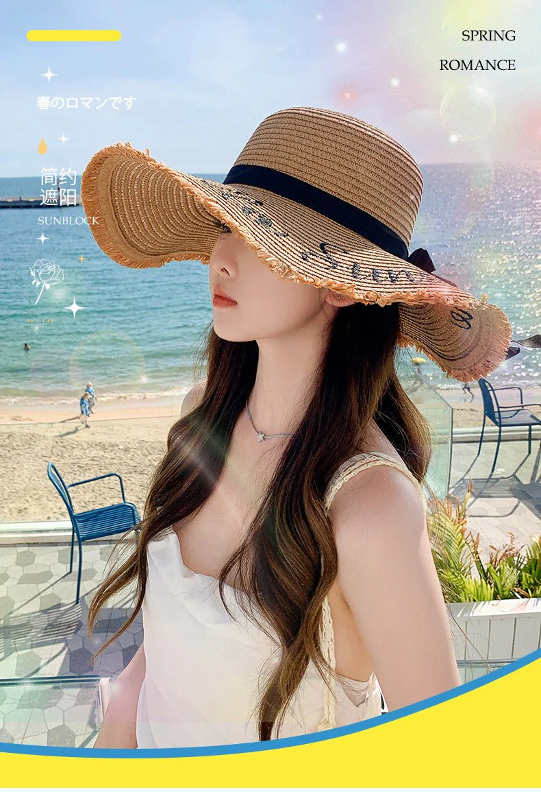 Summer wide brim embroidered sun protection straw hat for women fashion simple letter bow ribbon sun hat sweet sun hat  FD - Image 9