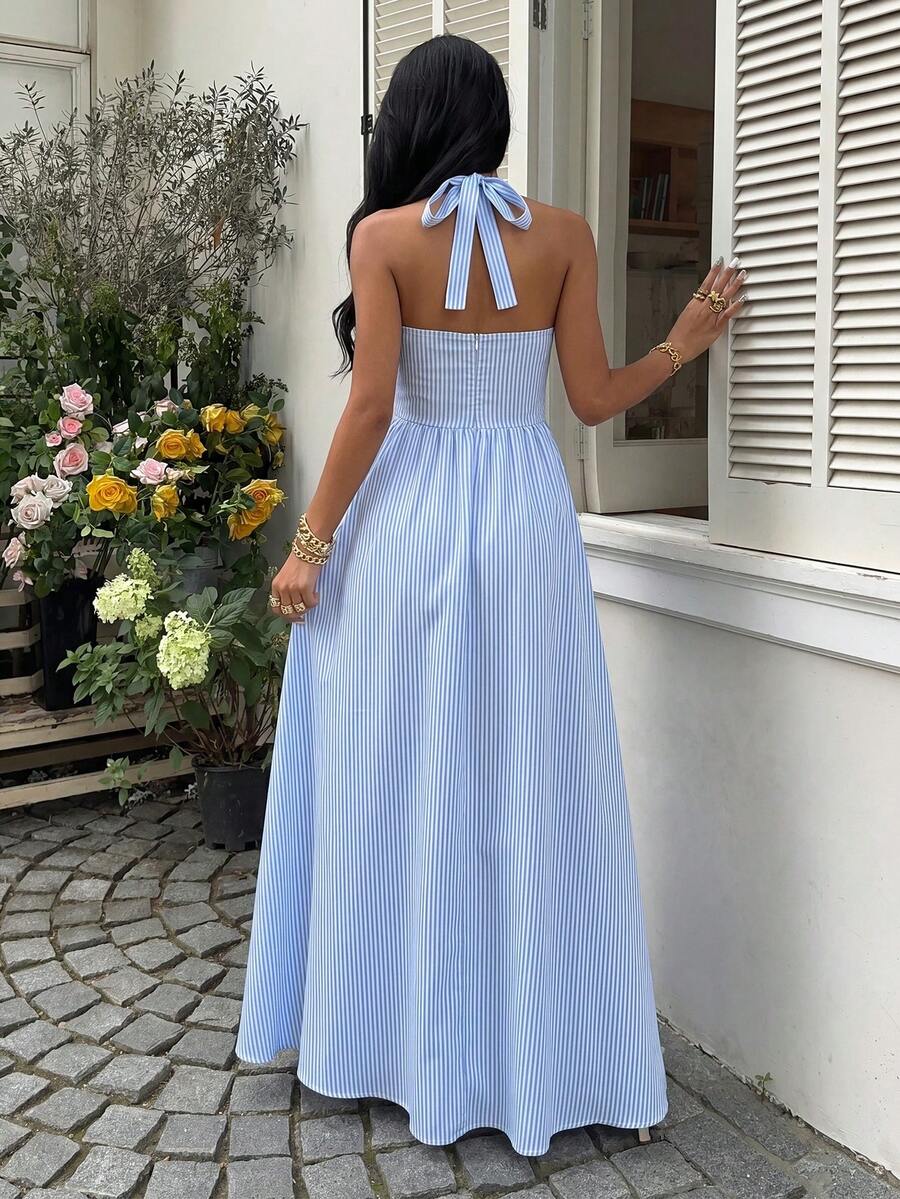 Sunnyshic Women's Blue & White Striped Strapless Backless A-Line dress - Image 2
