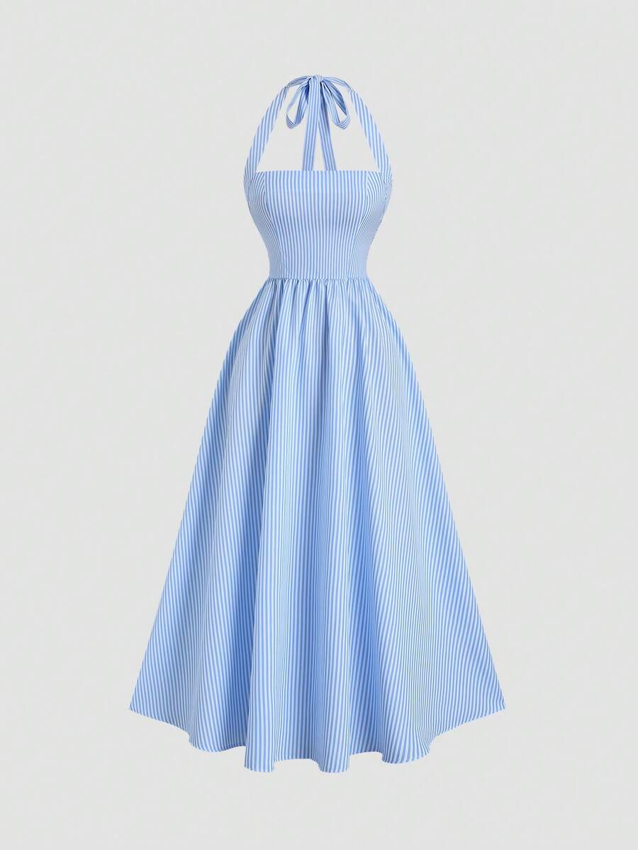 Sunnyshic Women's Blue & White Striped Strapless Backless A-Line dress - Image 3