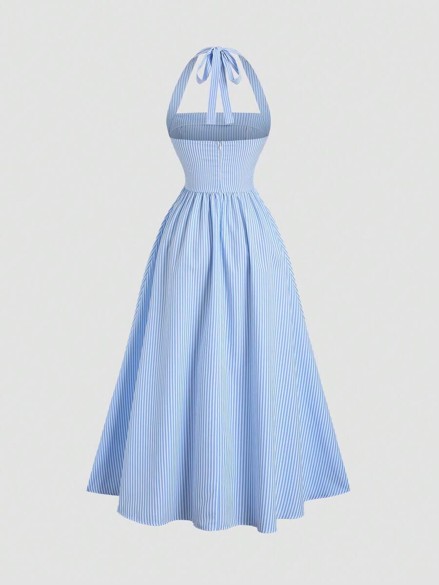 Sunnyshic Women's Blue & White Striped Strapless Backless A-Line dress - Image 4