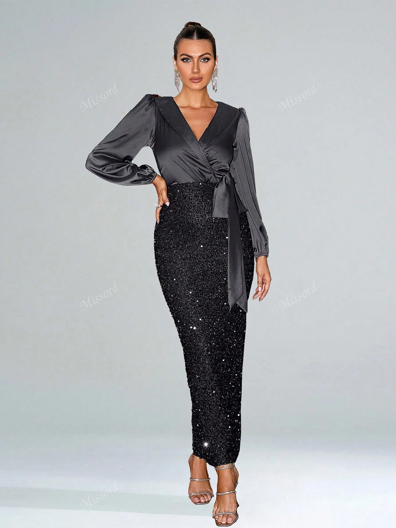 Surplice Neck Knot Side Split Back Sequin Dress FD - Image 2