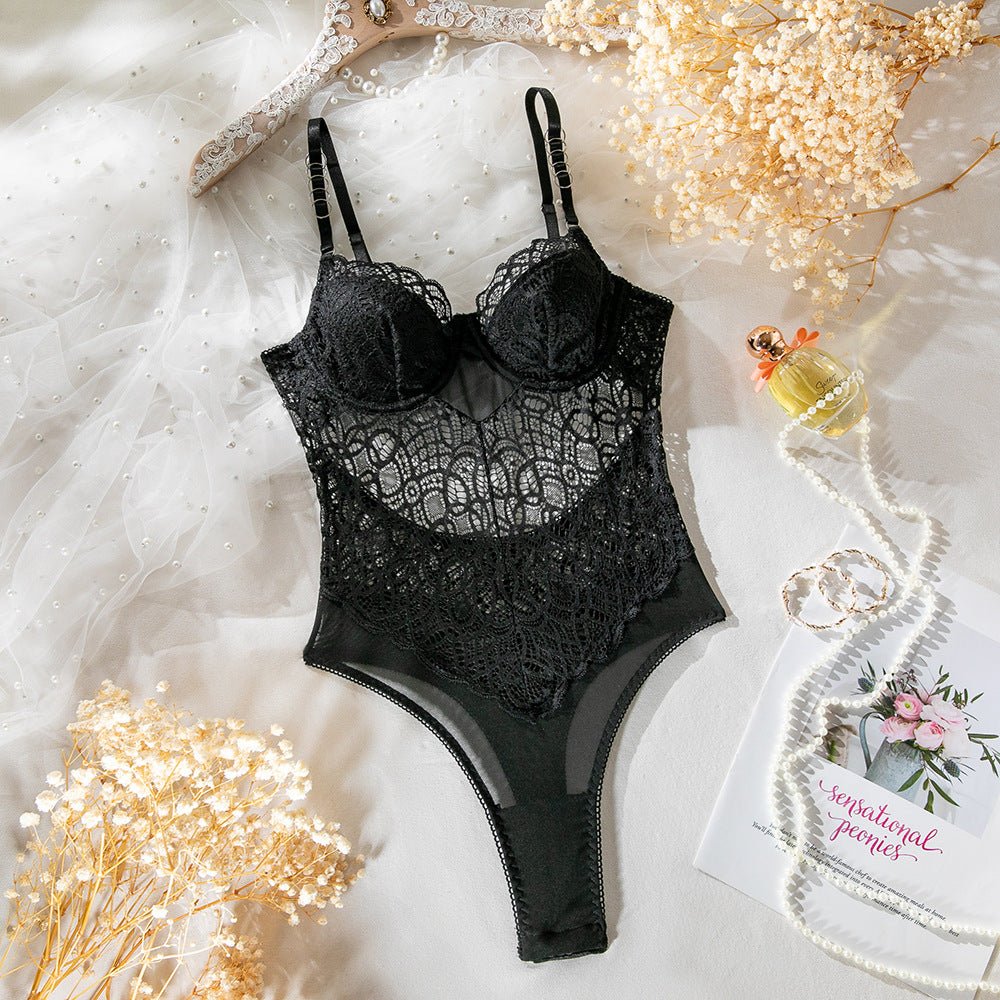 Suspender Charm | Lace Hollow Body Shaping Alluring Jumpsuit Black - Image 14