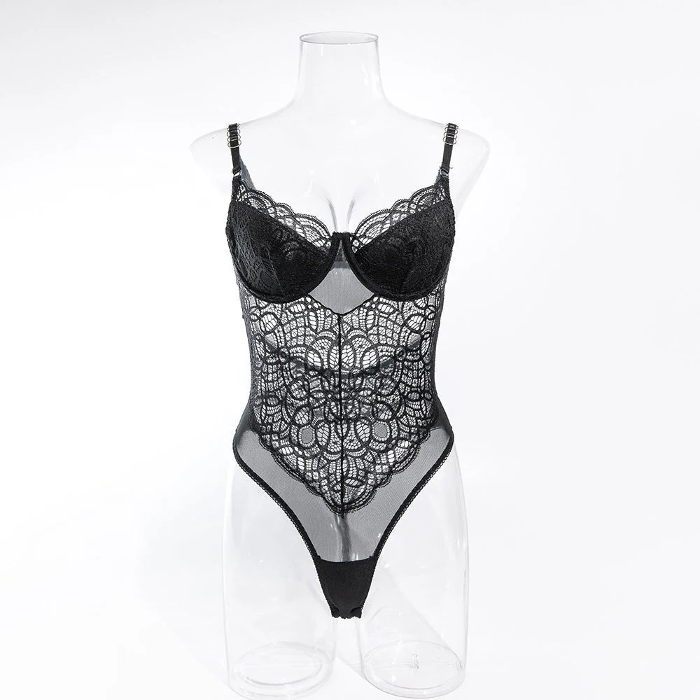 Suspender Charm | Lace Hollow Body Shaping Alluring Jumpsuit Black - Image 16