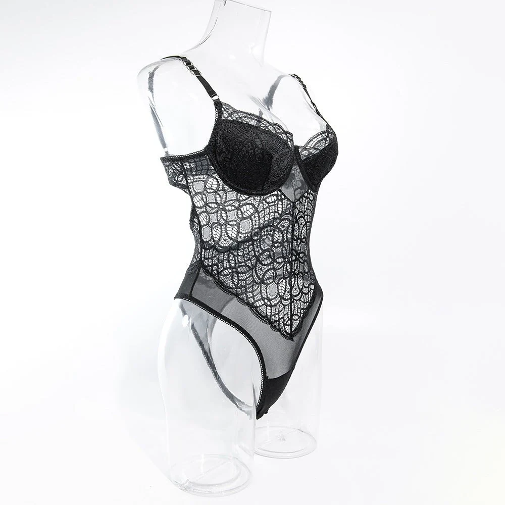 Suspender Charm | Lace Hollow Body Shaping Alluring Jumpsuit Black - Image 17