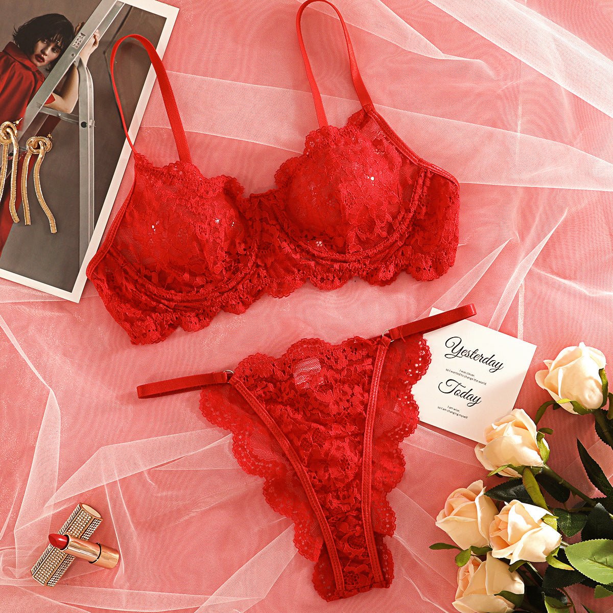 Suspender Tease | Lace Perspective Alluring Lingerie Bra Set - Image 66
