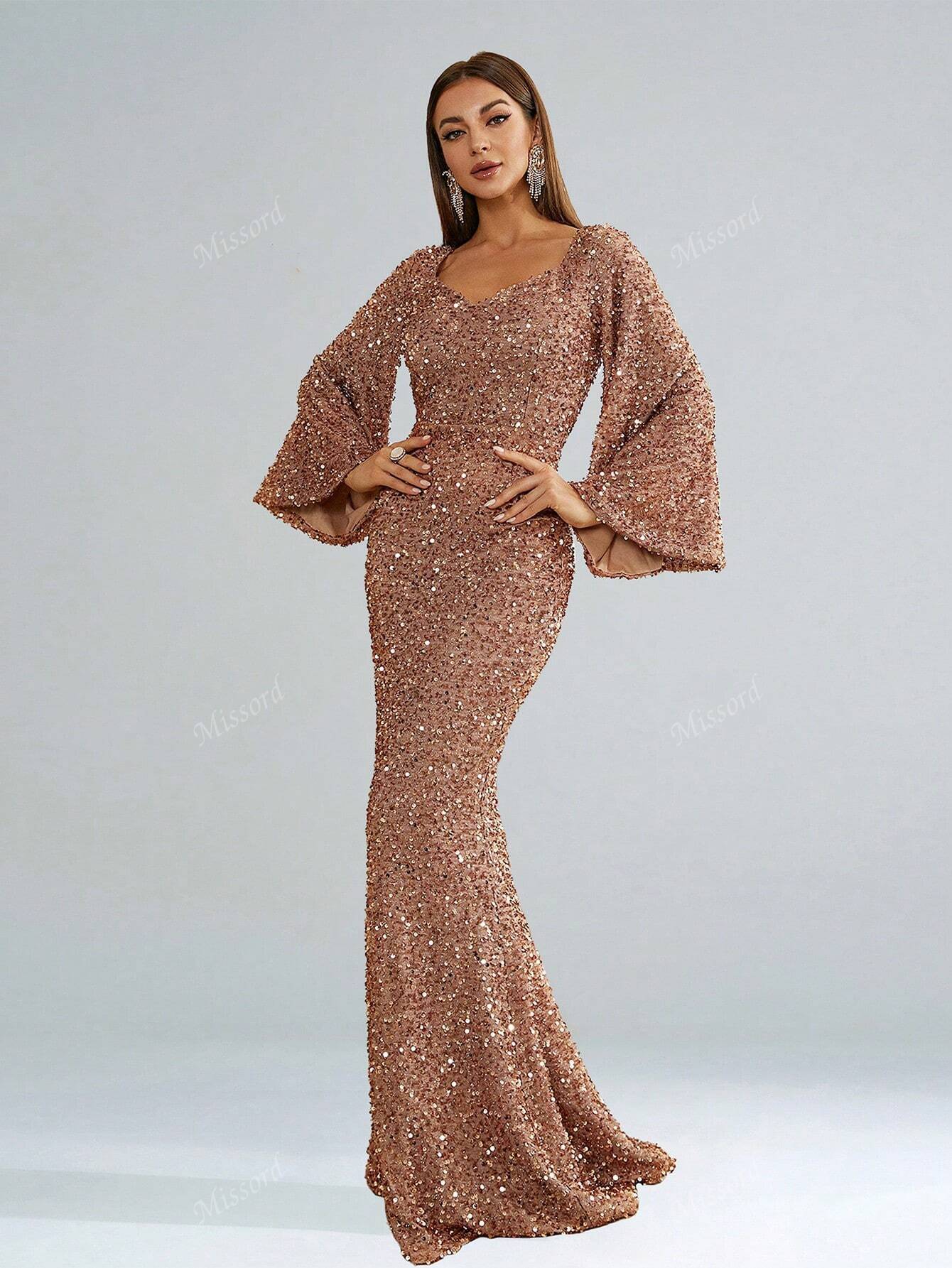 Sweetheart Neck Trumpet Sleeve Floor Length Sequins Prom Dress FD - Image 13