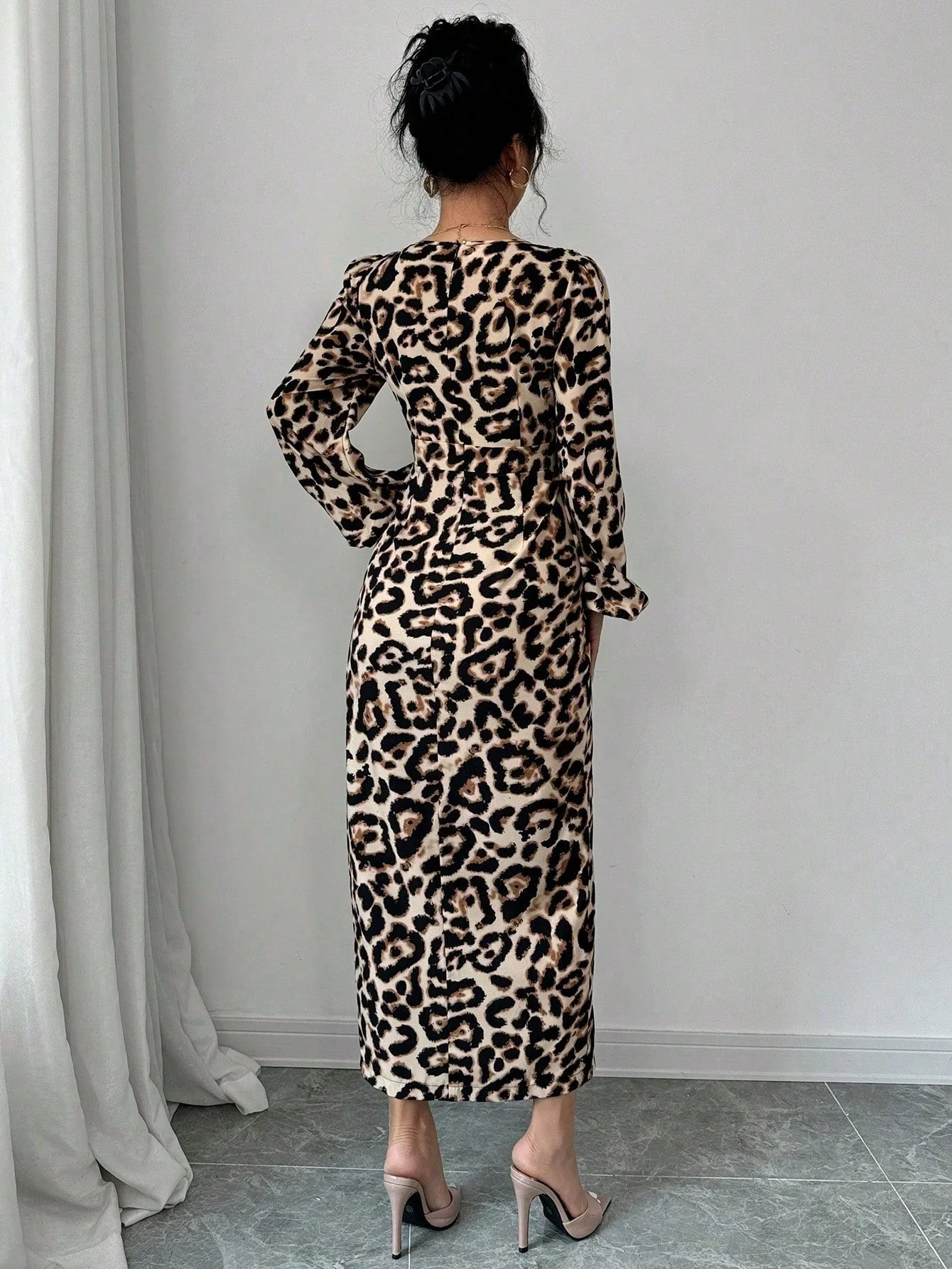 Sxy Animal Leopard Print V-Neck Bodycon Slit Puff Sleeve Elegant Dress Maxi Women Outfit - Image 2