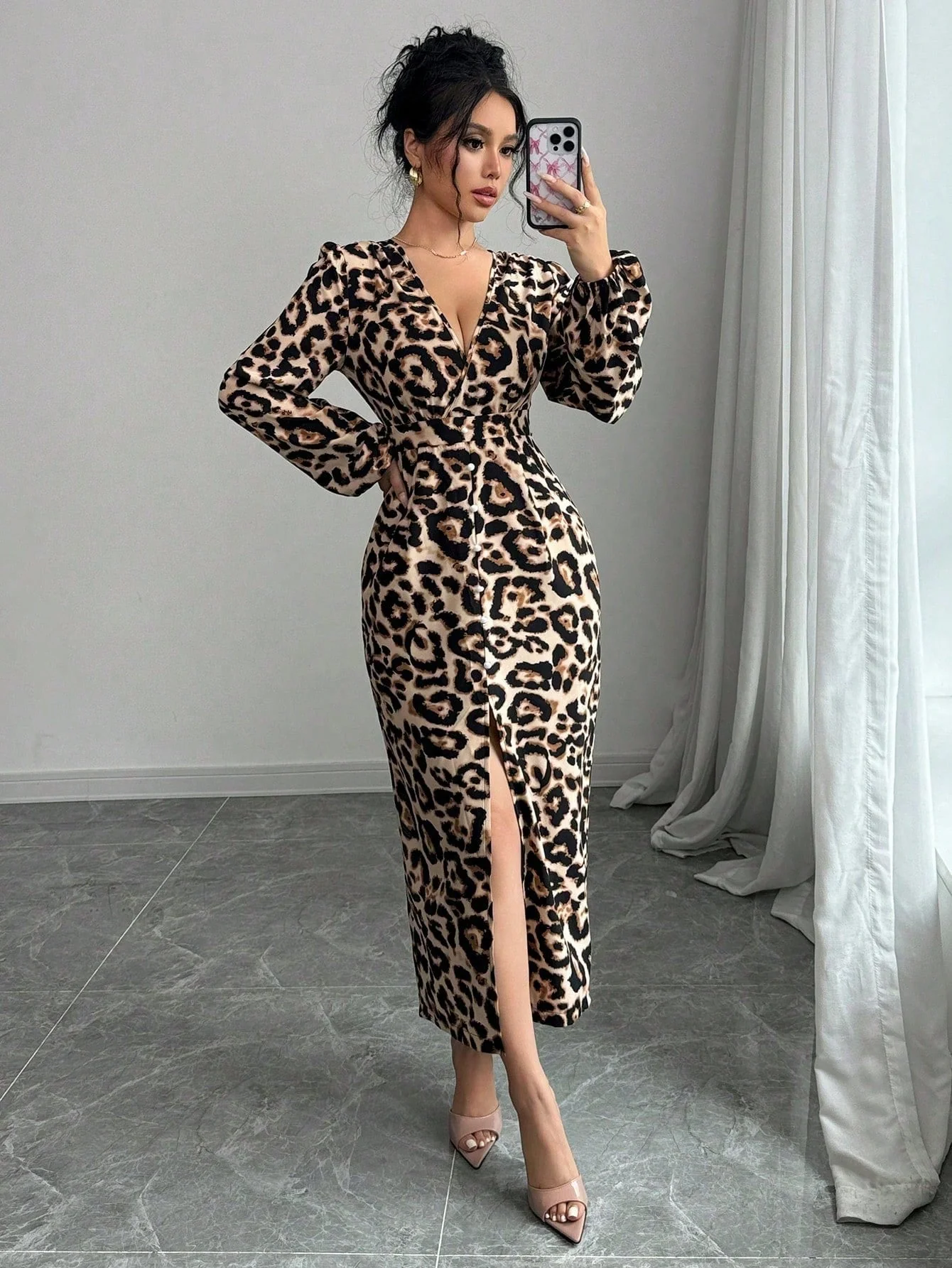 Sxy Animal Leopard Print V-Neck Bodycon Slit Puff Sleeve Elegant Dress Maxi Women Outfit - Image 4