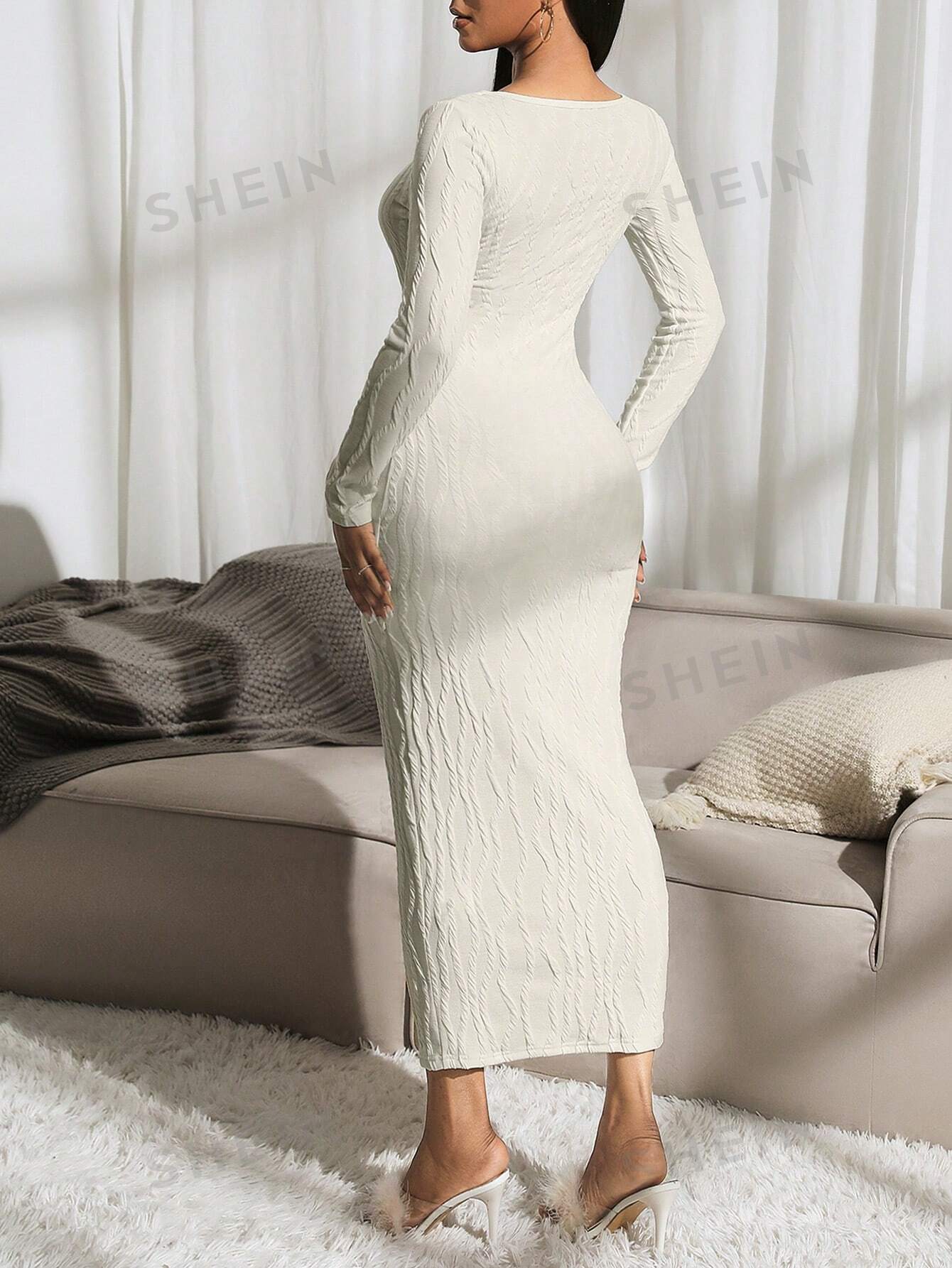 SXY Autumn/Winter Round Neck Cable Knit Apricot Long Sleeve Dress - Image 3