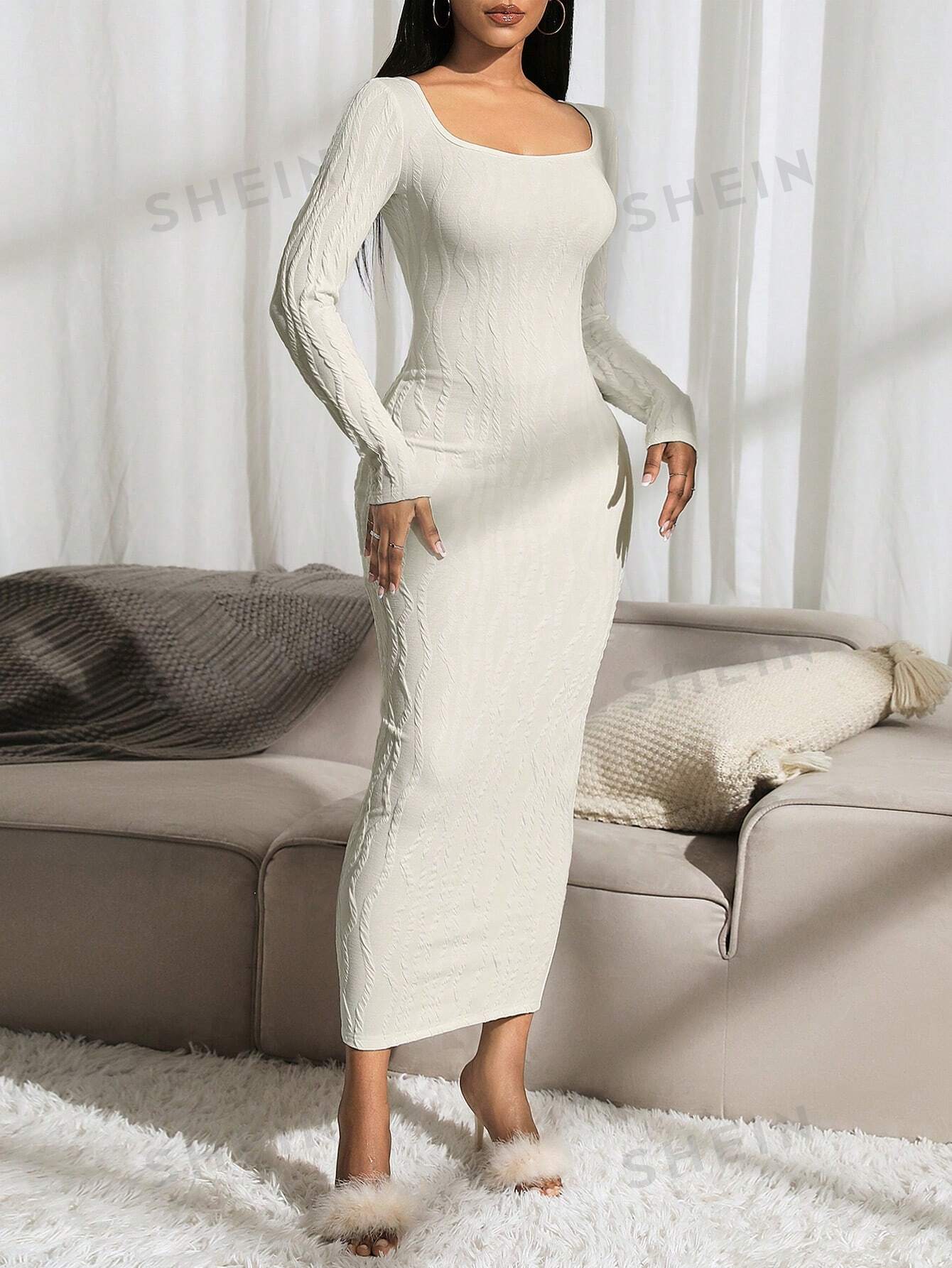 SXY Autumn/Winter Round Neck Cable Knit Apricot Long Sleeve Dress - Image 4
