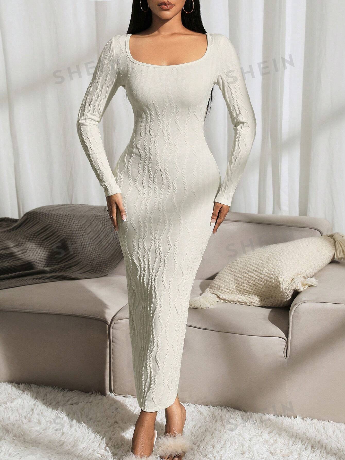 SXY Autumn/Winter Round Neck Cable Knit Apricot Long Sleeve Dress - Image 6