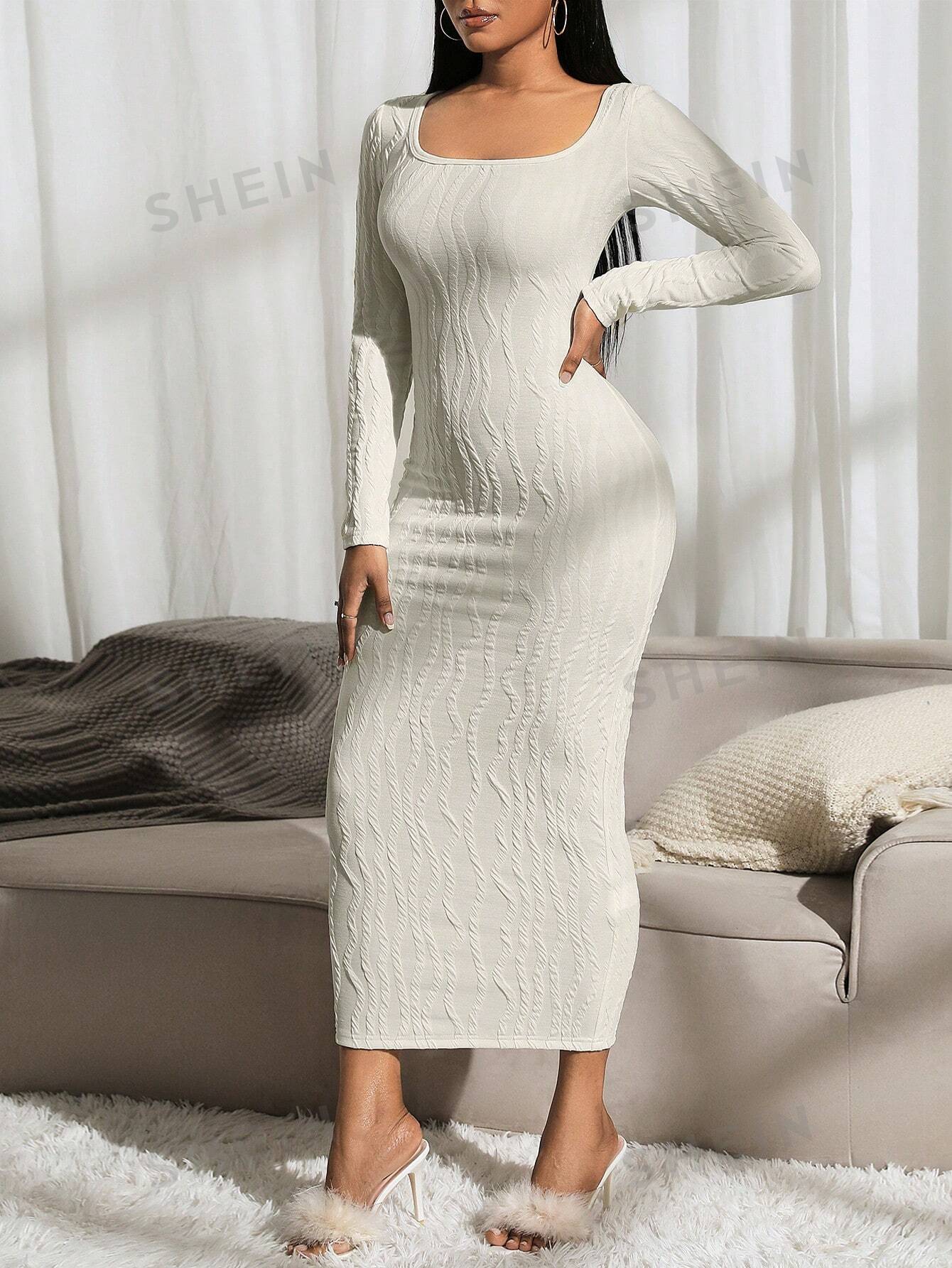 SXY Autumn/Winter Round Neck Cable Knit Apricot Long Sleeve Dress - Image 7