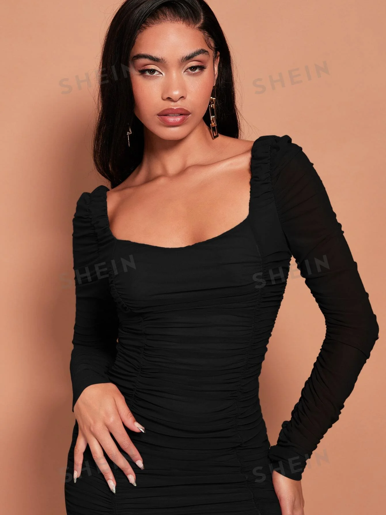 SXY Ruched Mesh Bodycon Dress - Image 5