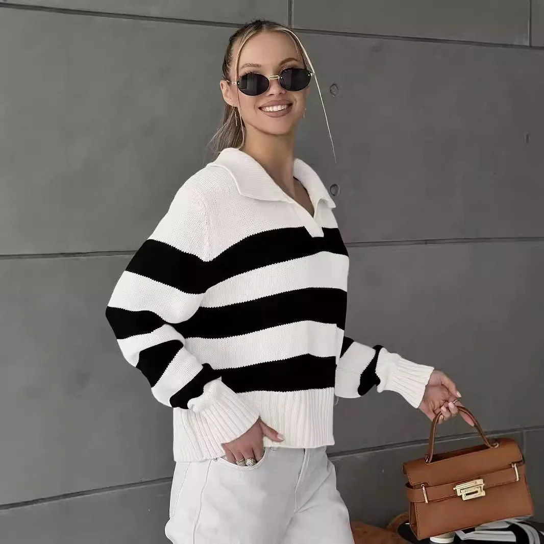 The Apricot Breeze | Solid Striped Polo Collar Knitted Pullover Sweater - Image 3