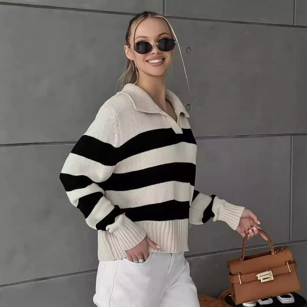 The Apricot Breeze | Solid Striped Polo Collar Knitted Pullover Sweater - Image 4