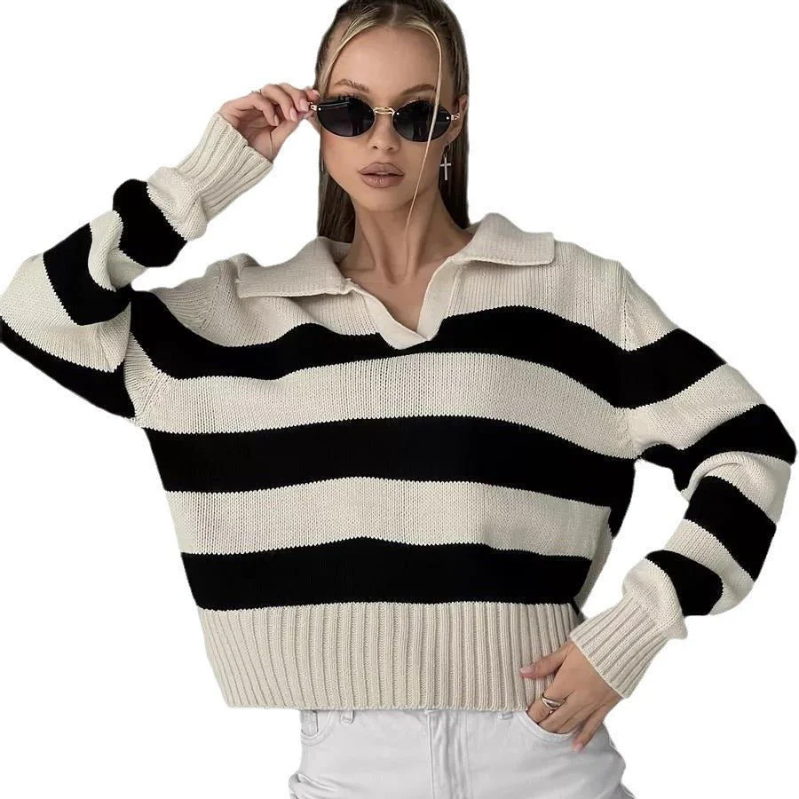 The Apricot Breeze | Solid Striped Polo Collar Knitted Pullover Sweater - Image 5