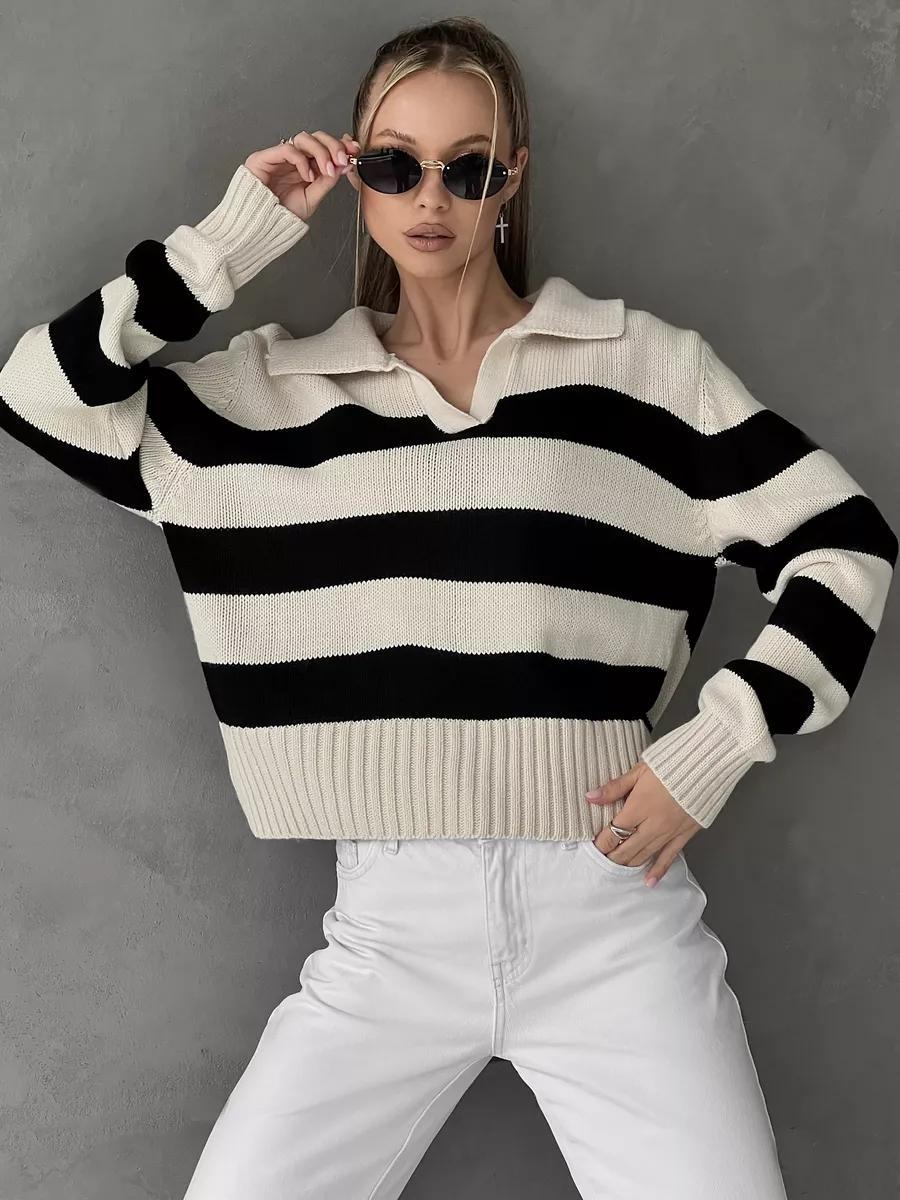 The Apricot Breeze | Solid Striped Polo Collar Knitted Pullover Sweater - Image 6