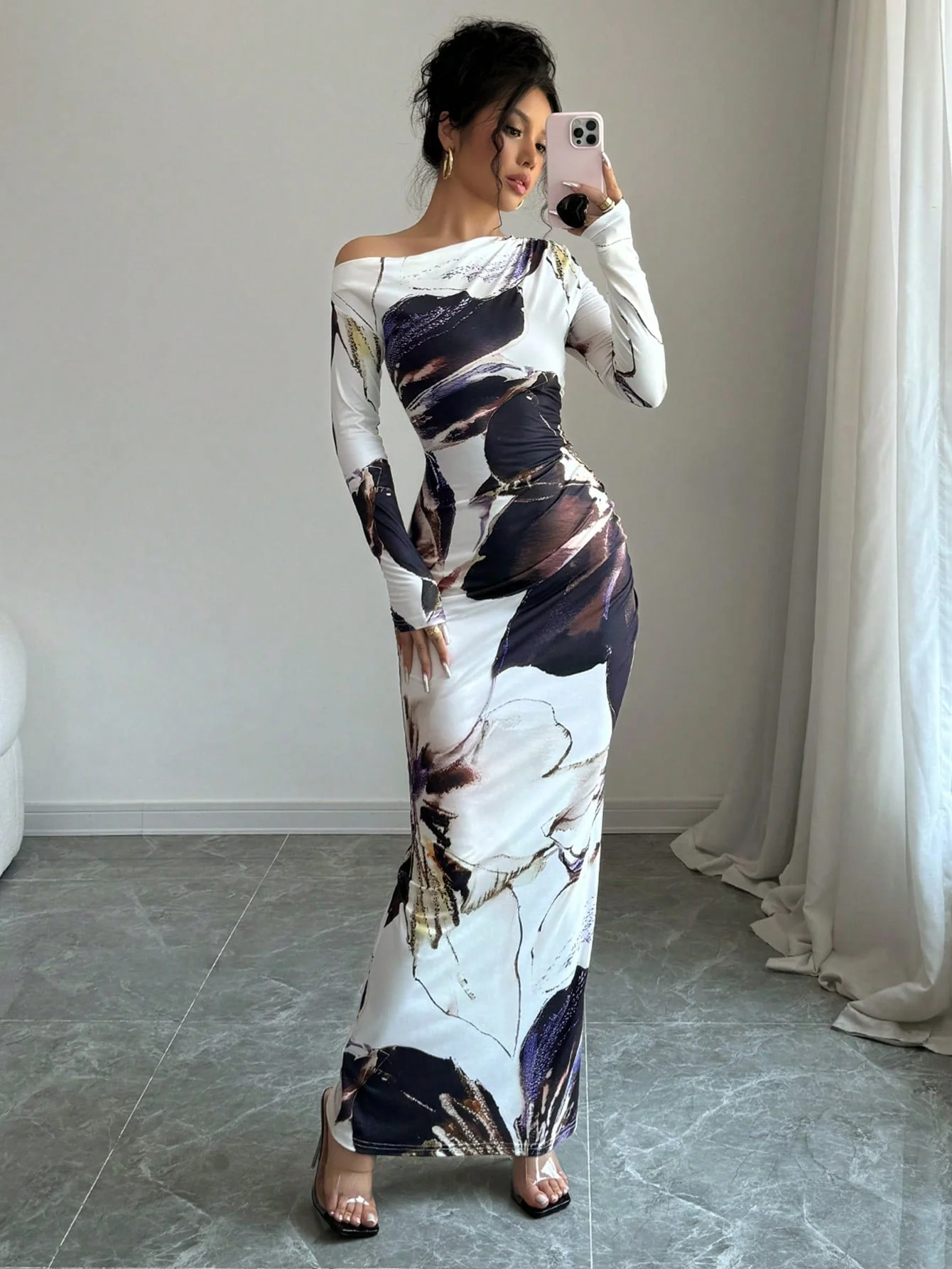 The Artistic Flow | Multicolor All-Over Print Asymmetric Long-Sleeve Maxi Dress