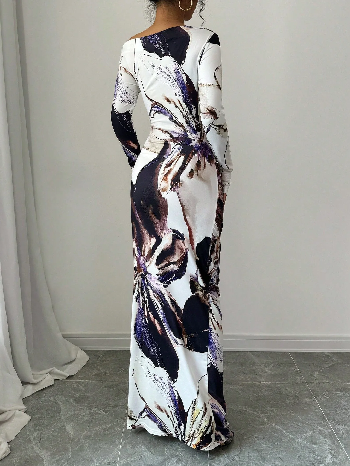 The Artistic Flow | Multicolor All-Over Print Asymmetric Long-Sleeve Maxi Dress - Image 2