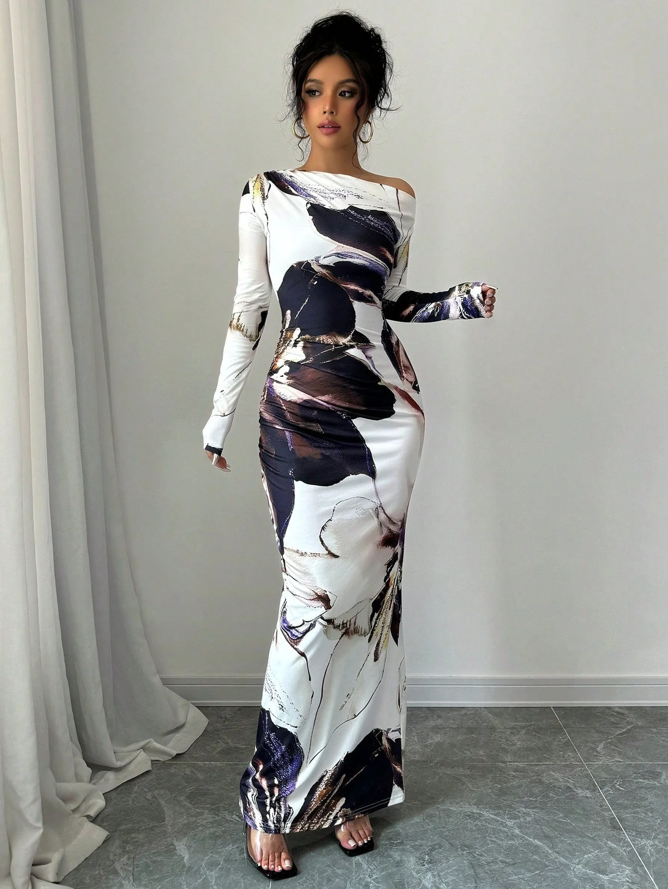 The Artistic Flow | Multicolor All-Over Print Asymmetric Long-Sleeve Maxi Dress - Image 4