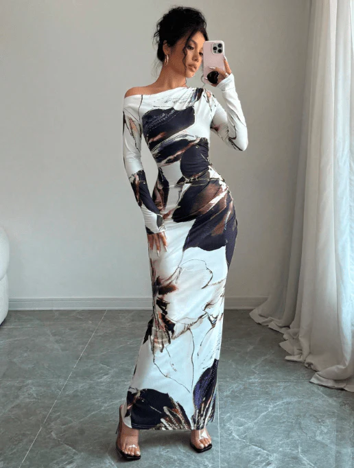 The Artistic Flow | Multicolor All-Over Print Asymmetric Long-Sleeve Maxi Dress - Image 7