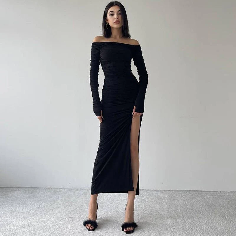 The Asymmetrical Allure | Women's Off-Shoulder Pleated Side-Slit Maxi Dress, - Image 23