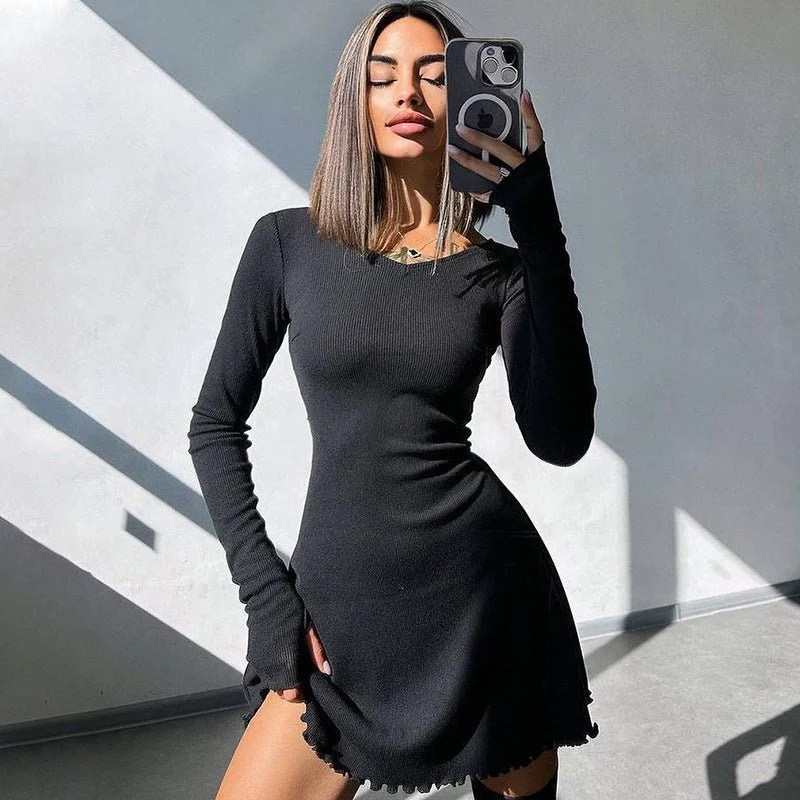 The Back Strap Elegance | Women's Back-Strap Waist Long-Sleeve Mini Dress - Image 6