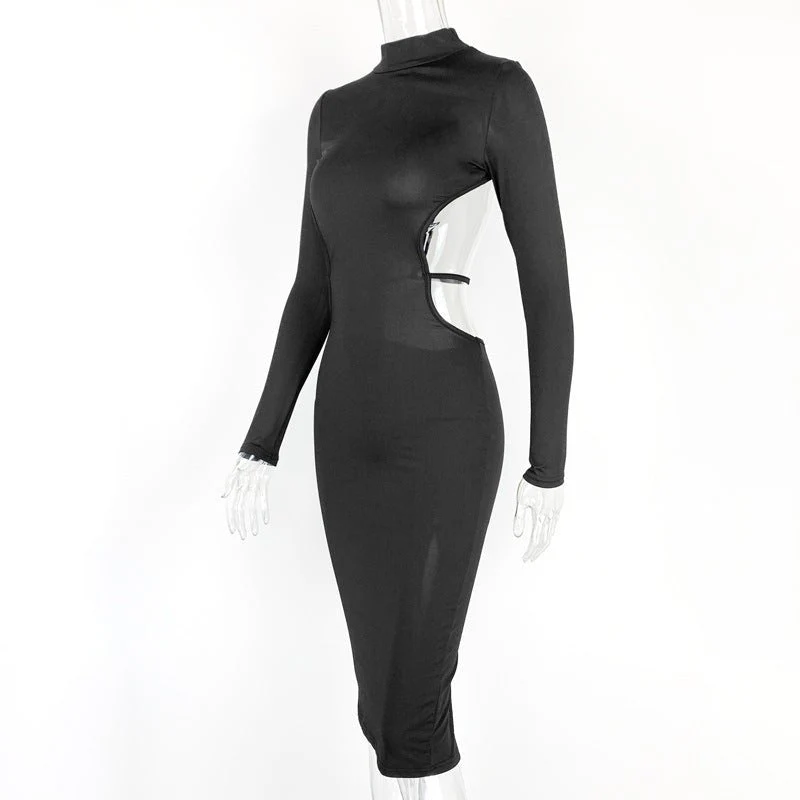 The Backless Edge | Women's Half-Turtleneck Backless Long-Sleeve Pencil Midi Dress - Image 19