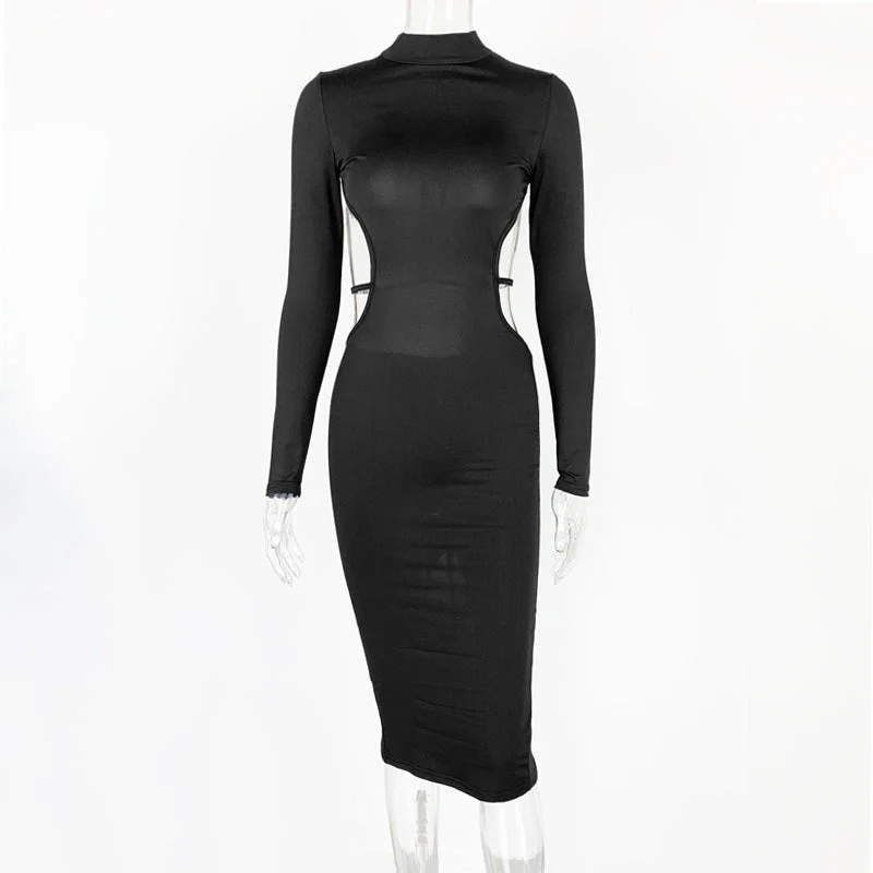 The Backless Edge | Women's Half-Turtleneck Backless Long-Sleeve Pencil Midi Dress - Image 2