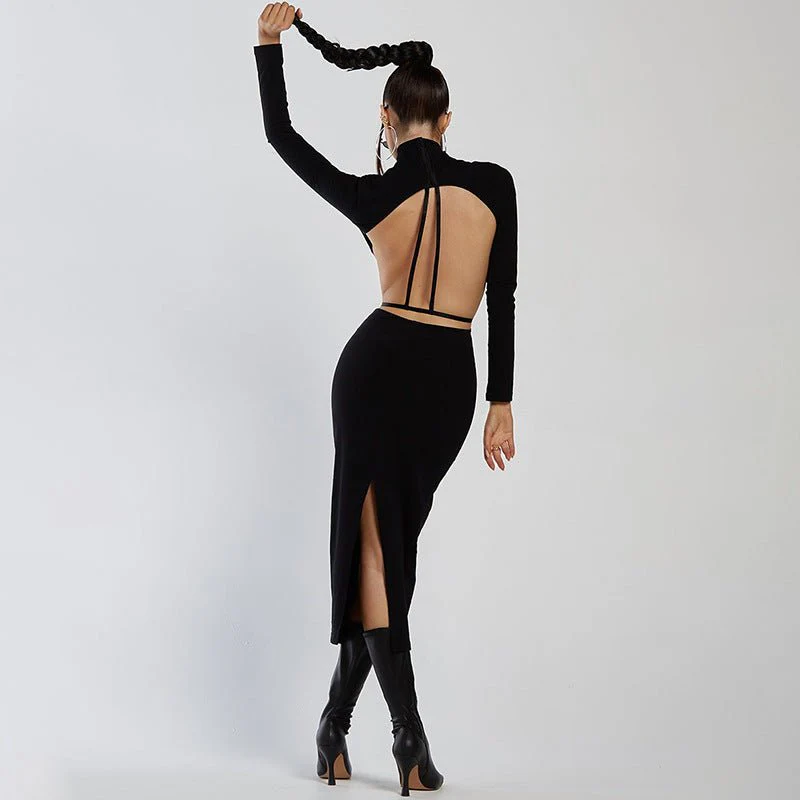 The Backless Edge | Women's Half-Turtleneck Backless Long-Sleeve Pencil Midi Dress - Image 5