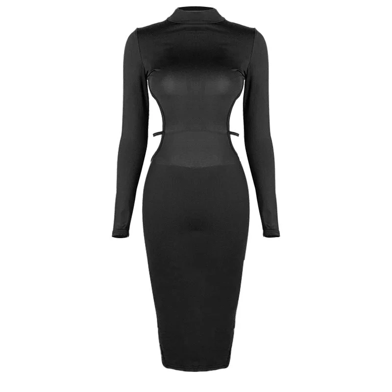The Backless Edge | Women's Half-Turtleneck Backless Long-Sleeve Pencil Midi Dress - Image 6