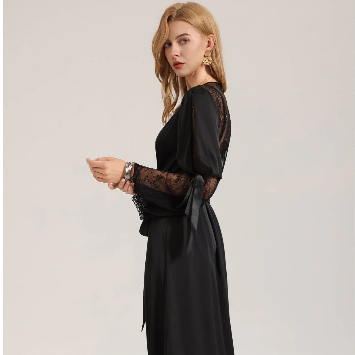 The Backless Seduction | Black Satin Long Backless Belted Robe - Image 2